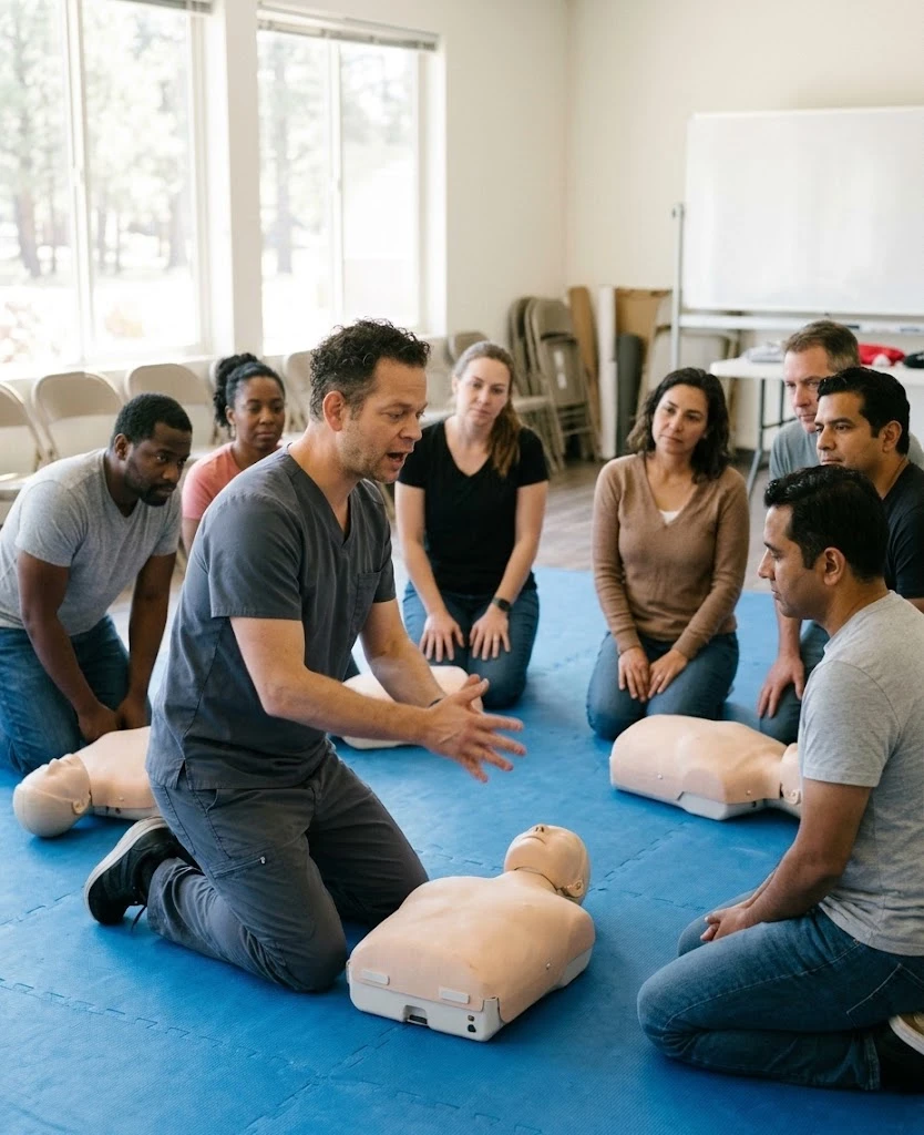 Jesse Hodge, RN, demonstrating CPR hand placement on a manikin to a class of adult learners