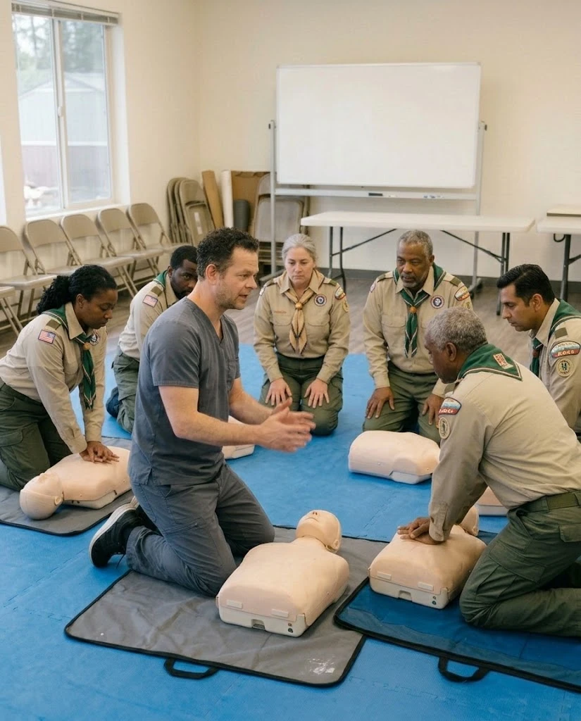 Jesse Hodge, RN, coaching adult Scout leaders in uniform as they practice chest compressions on CPR manikins