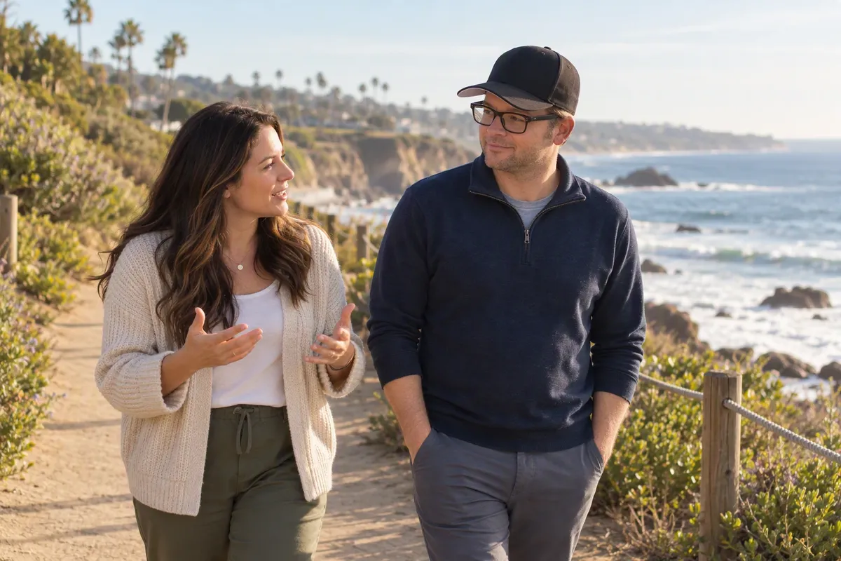 Two people talking as they walk along a sunny coastal trail
