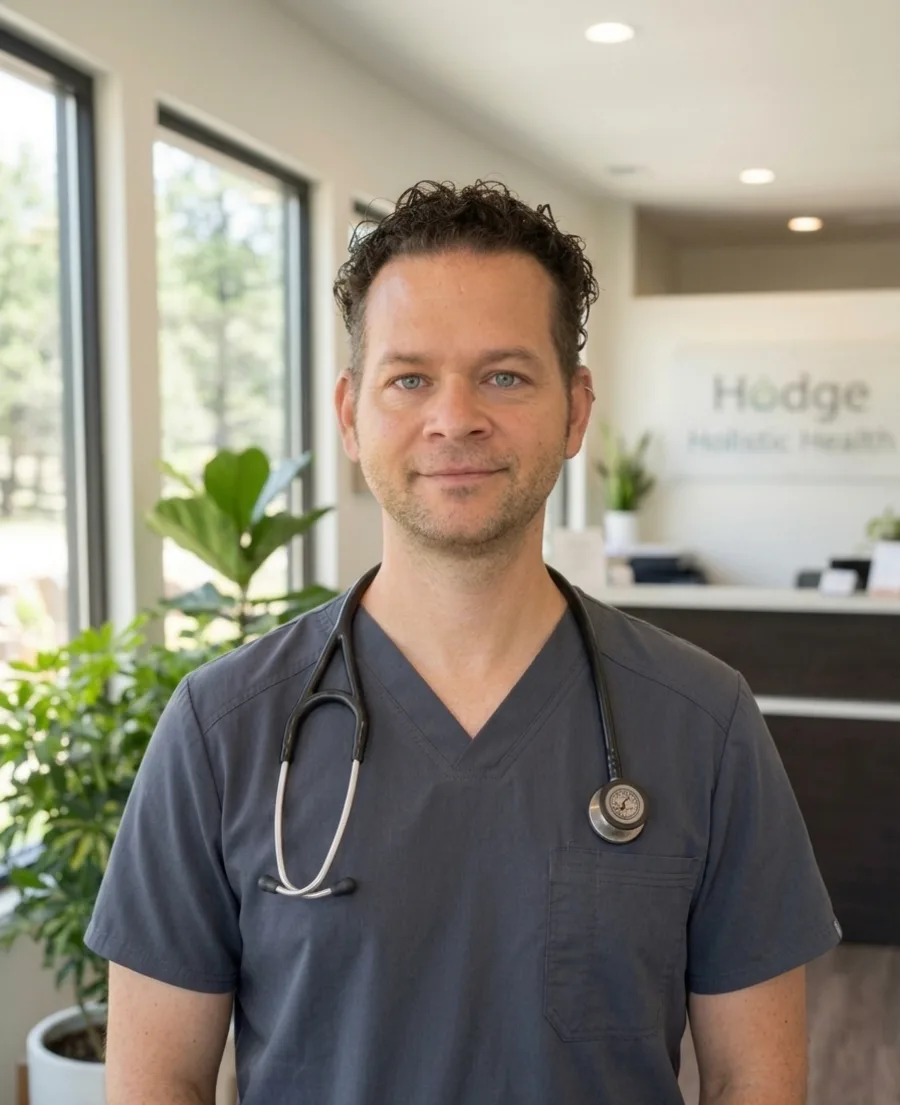 Jesse Hodge, RN, wearing scrubs and a stethoscope in the Hodge Holistic Health office
